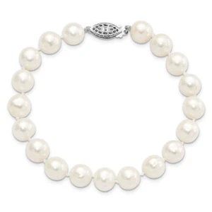925 Sterling Silver 9mm White Round Freshwater Cultured Pearl Chain Bracelet - Picture 1 of 12
