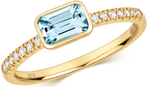 9ct gold ring .55ct aquamarine 0.1ct diamond art solitaire 9 carat yellow gold - Picture 1 of 6