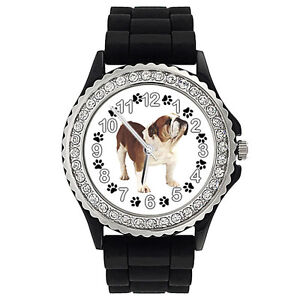 English Bulldog Crystal Rhinestone Mens Ladies Jelly Silicone Wrist Watch S187P