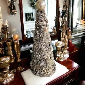 Artisan Handcrafted Vintage Silver Rhinestone Jewelry Vanity 14" Christmas Tree