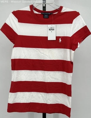 Ralph Lauren Mujer Rojo Blanco Rayas Camiseta Grande Algodón Informal Clásica Camiseta Foto 1 de 4