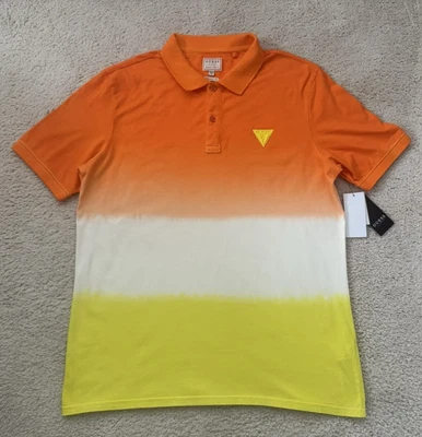 NWT Guess Men's Polo Shirt Orange White Yellow  Short Sleeve Logo Size M - Image 1 of 4