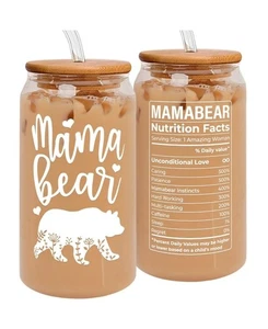 Mama Bear 16oz Can Glass with Glass Straw Gift Idea for Mom Birthday Christmas.. - Picture 1 of 5