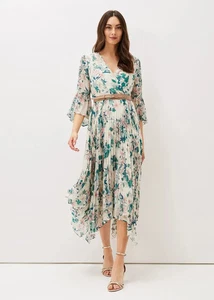 BNWT Phase Eight Dani Dress Size 10 Cream Floral Chiffon Pleated Skirt Belted - Picture 1 of 8