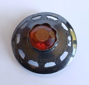 VINTAGE SILBER BERNSTEINFARBEN FACETTIERTER GLASSTEIN ANSTECKNADEL BROSCHE - Bild 1 von 3