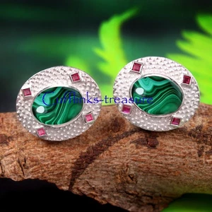 Natural Malachite & Ruby Gemstones with 925 Sterling Silver Cufflinks For Men #2 - Picture 1 of 6