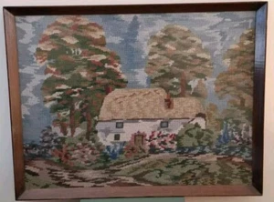 Vintage Framed Country Needlepoint Thatched Cottage Trees & Flowers Scene Large - Picture 1 of 8