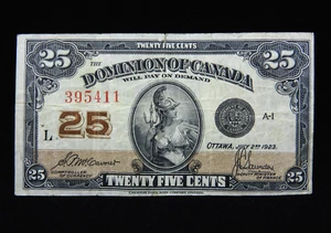 1923 25¢ Cents Dominion of Canada Banknote "Shinplaster" McCavour 395411 F Grade - Picture 1 of 14