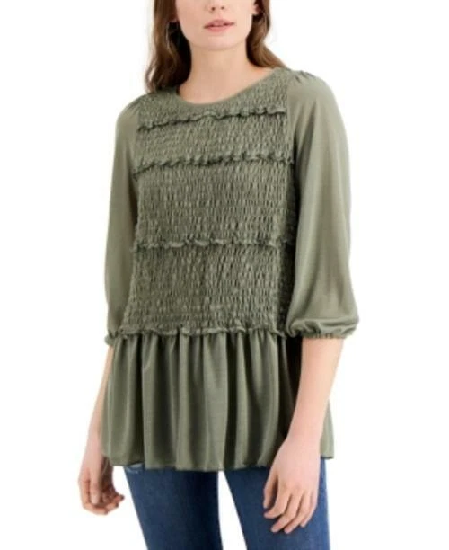 Fever Women's Printed Ruffled Ruched Top Vetiver Medium