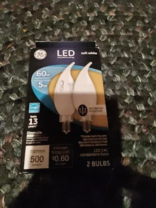 2- GE LED Chandelier Frosted Flame 5 = 60 Watt LED Candelabra Base 2 Bulbs 60W - Picture 1 of 1