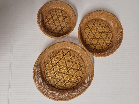 Set of 3 Vintage Pier 1 Finely Woven Round Wicker Rattan Nesting Baskets Bowls Cover