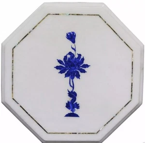 12" Home Decor Marble Table Top Lapis Inlay Handmade Pietra Dura Work - Picture 1 of 8