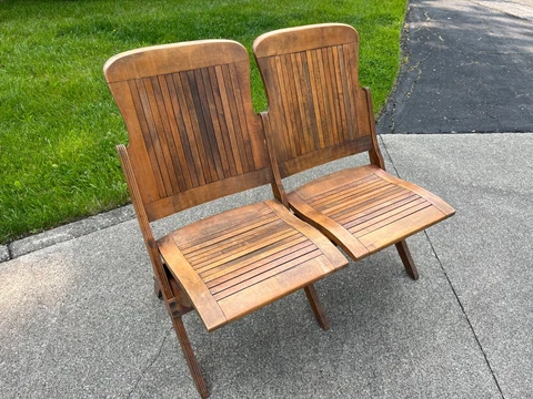 Antique Wood Slat Double Folding Chair, Bench, Church Pew, Theater Train Station Cover