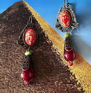 Pendientes artesanales del renacimiento egipcio, faraón, tut, vidrio checo, verde, topacio - Imagen 1 de 5