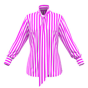 Women 19mm 100% Stretch Silk Hot Pink White Striped Shirt Pussy Bow Blouse