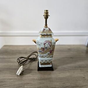 Vintage Large Chinese Ceramic Table Lamp on Wooden Base / Stunning.