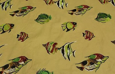 AMERICAN DECORATIVE LINEN FISHES BUTTER YELLOW JACQUARD HEAVY FABRIC BY THE YARD - Image 1 of 4