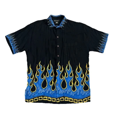 VTG Bali Chic Men’s Blue Flames Fire Gold Chain Button Shirt Rayon Black XL RARE - Image 1 of 4