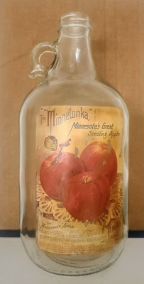 Clear Glass Juice Jug With Apple Label Finger Loop Country Cottage OOAK 10" Tall - Image 1 of 4