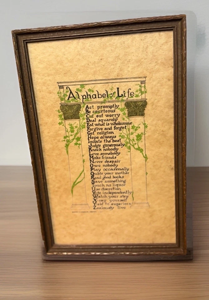 Arte de pared enmarcado vintage con lema del alfabeto de la vida Emma E. Koehler Chicago Foto 1 de 4