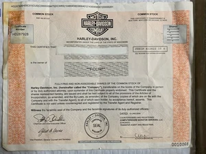 Certificado de stock Harley Davidson emitido por 4 acciones muy raro - Imagen 1 de 2