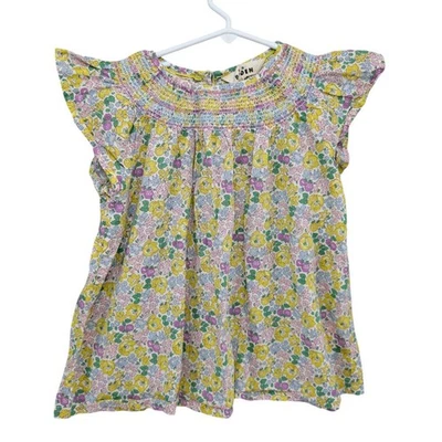 Mini Boden Flutter Sleeve Top Girls Multicolor Floral Smocked Pleated Size 8-9Y - Image 1 of 4