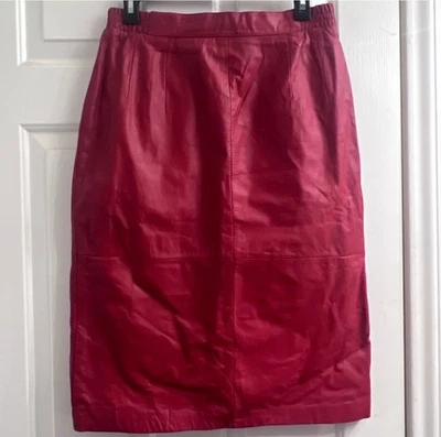 Vintage Skirt Red Leather Pencil Midi Size 14 - Image 1 of 4