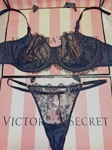 Sujetador Victoria's Secret Dream Angels y Tanga Negro Pestañas Encaje 40D XL - Imagen 1 de 5