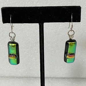 1.25in Dichroic Fused Glass Dangle Earrings Sterling Silver 925 Hooks Green Pink - Picture 1 of 11