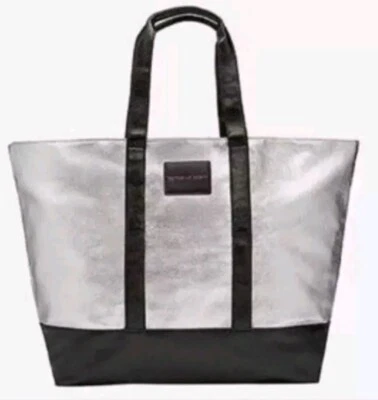 NWT MSRP $98.00 Victorias Secret Silver And Black Extra Large Zipper Tote Bag - Image 1 of 4
