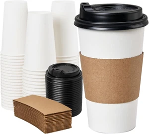 50pk 16oz Disposable Coffee Cups w/ Lids & Sleeves Hot Drink To Go Paper Cups - Picture 1 of 12