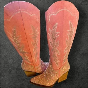 Damen rosa Pailletten hoher Absatz Stiefel Reißverschluss Cape Robbin spitz zulaufend Glitzer Wildleder 8,5 - Bild 1 von 7