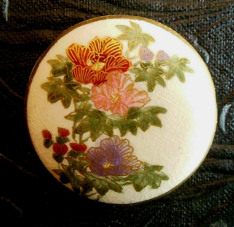 Antique Vintage LARGE SATSUMA Ceramic Button- Flower Spray Gold Details 1-3/8 " Cover