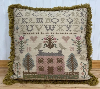 Vintage Needlepoint Sampler Pillow Alphabet Floral Primitive Folk Art Wool 17x18 - Image 1 of 4