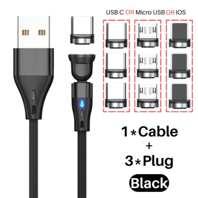 Paquete de 3 cables de carga rápida magnéticos para teléfono 540° giratorios para micro USB/Tipo C/iPhone Foto 1 de 4