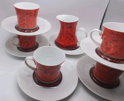 BLOCK BIDASOA FLAMENCO ESPANA BLACK/RED - 5 DEMITASSE CUPS/SAUCERS W/CREAMER MCM - Image 1 of 4