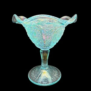 Vintage Imperial Glass Daisy & Button Pedestal Compote Aqua Blue Curved Rim - Picture 1 of 14