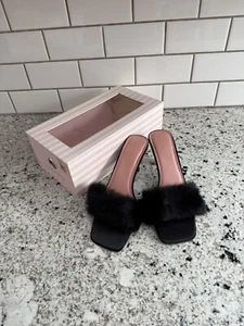 Women’s Peep Toe Black Fur Trim Slippers Pumps High Heels Party Shoes Medium 7-8 - Picture 1 of 6