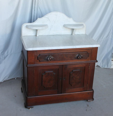 Antique Victorian Marble Top Commode - Carved Leaf Pulls Cover