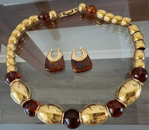 Chunky Napier Amber Colored Lucite Beaded Chunky Necklace & Earrings - Picture 1 of 15