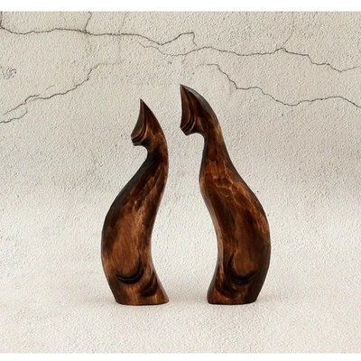 Estatuilla de madera tallada a mano pareja de gatos única hecha a mano decoración del hogar Foto 1 de 4