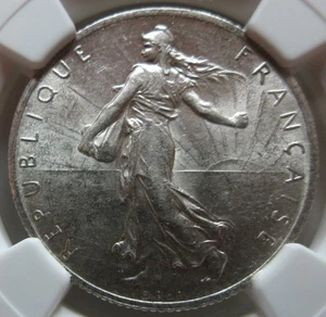 FRANCE 2 francs 1914 C NGC AU 58 UNC Silver Castelsarrasin Liberty Sowing Seeds - Picture 1 of 3