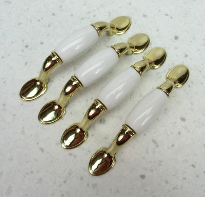 Vtg Kitchen Bath Cabinet Drawer Handles Pull Gold  White Porcelain Lot Of 4 NOS - Image 1 of 3