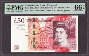 Great Britain 50 Pounds 2010 (ND 2011) SOLID # 222222 P-393a GEM UNC PMG 66 EPQ - Picture 1 of 2