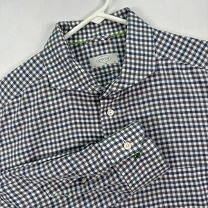 Eton Shirt Mens XL Slim Fit Blue Brown Checkered Button Down Long Sleeve Cotton - Imagen 1 de 10