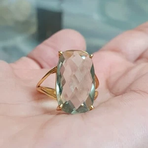 Green Amethyst Solitaire Ring, Gold Plated Prestolite 925 Silver Cocktail Ring - Picture 1 of 5