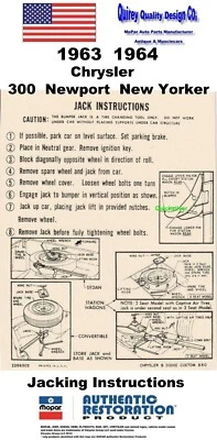 1963 1964 Chrysler 300 Newport New Yorker Concourse Jacking Instructions MoPar - Image 1 of 2