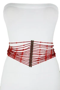 Women Wide Red Beads Tie Waistband Antique Style Belt Hip High Waist Black S M L - Picture 1 of 11