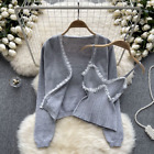 2Pcs Womens Camisole Tops Floral Lace Patchwork Long Sleeves Knitted Cardigan