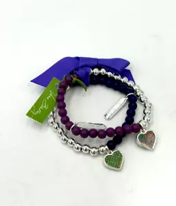 NWT Vera Bradley Beaded Bracelet Duo Heather Purple Silver Heart Stretch - Picture 1 of 5